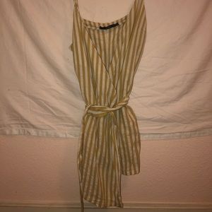 wrap around yellow and white stripe tie dress